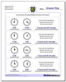 Elapsed Time Two Harder Full Hours Worksheet