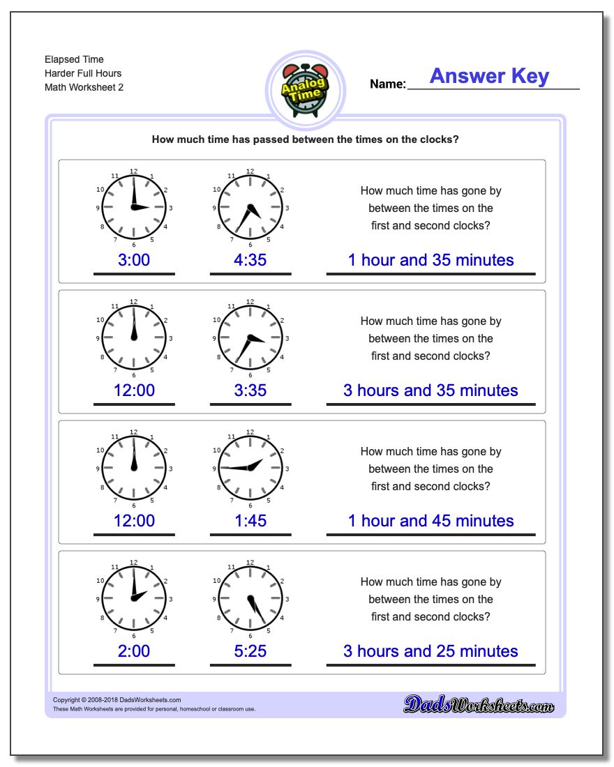Elapsed Time Harder Full Hours www.dadsworksheets.com/worksheets/analog-elapsed-time.html Worksheet