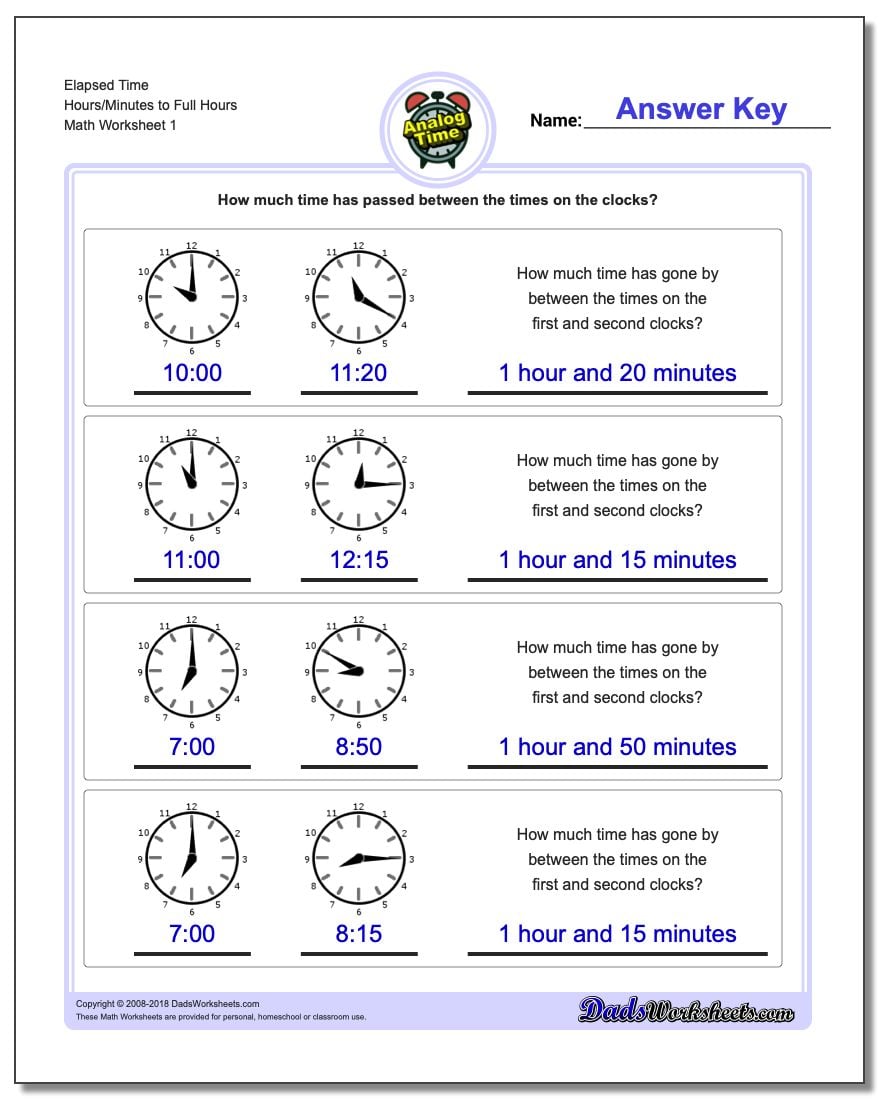 Analog Elapsed Time Hours/Minutes to Full Hours Worksheet