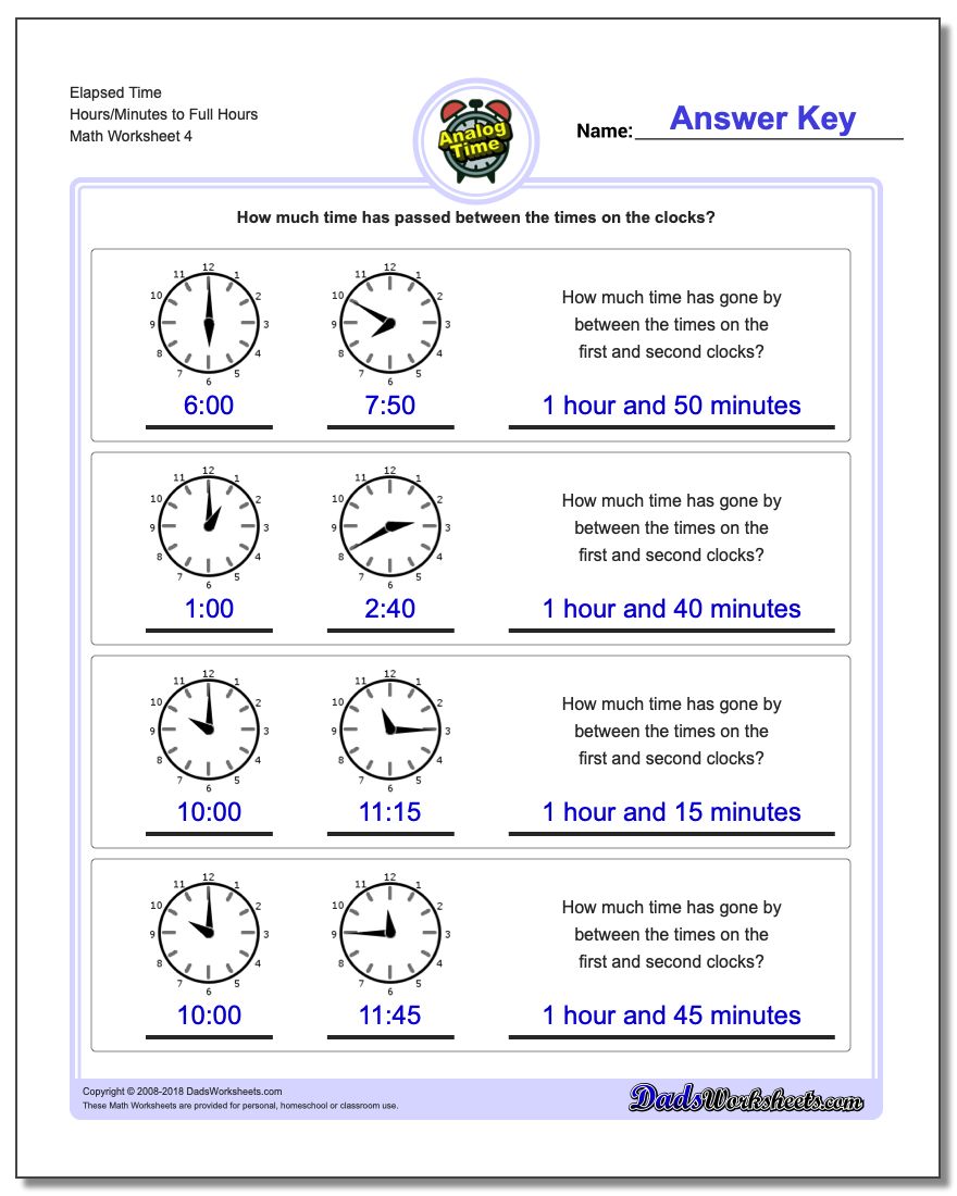 Elapsed Time Hours/Minutes to Full Hours Worksheet