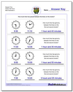 Elapsed Time Harder Half Hours Worksheet