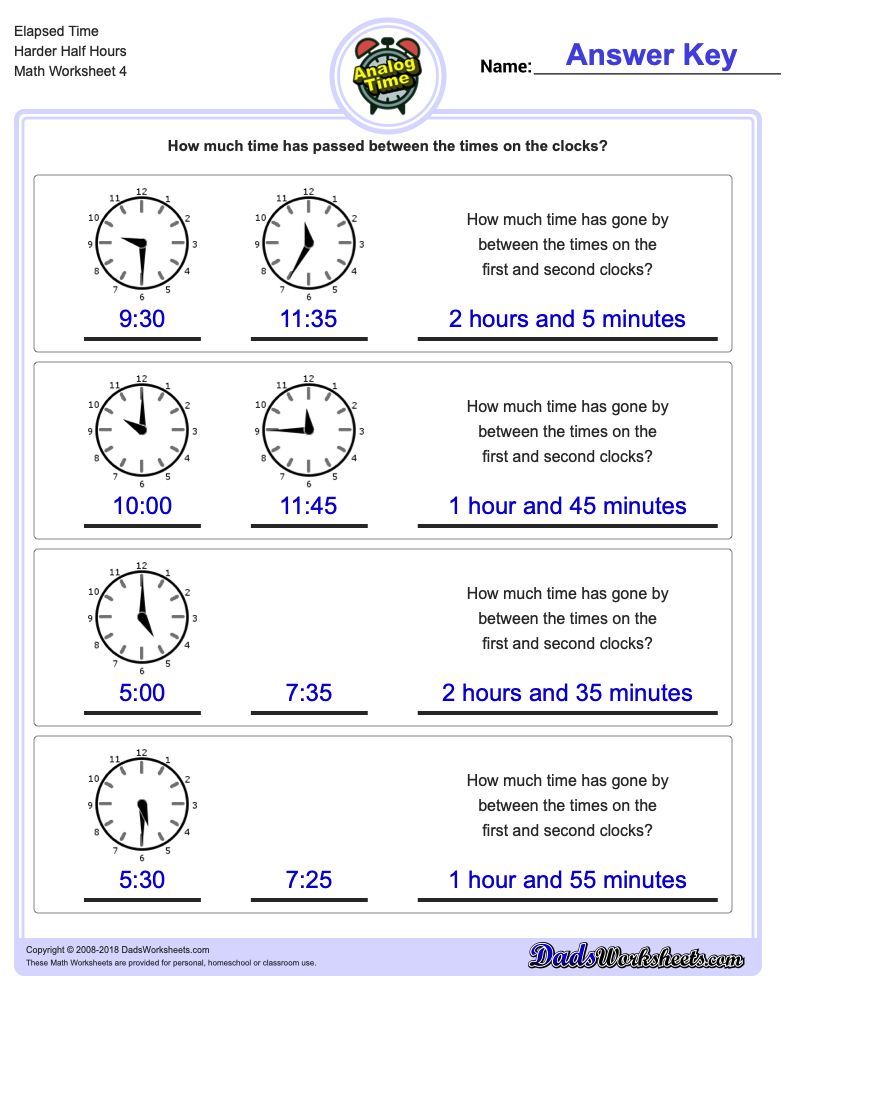 Elapsed Time Harder Half Hours Worksheet