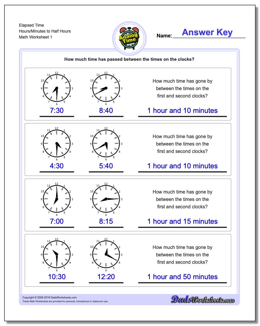 Analog Elapsed Time Hours/Minutes to Half Hours Worksheet