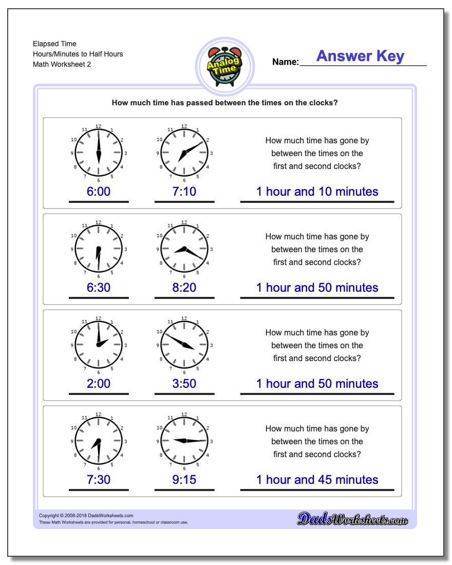 Elapsed Time Hours/Minutes to Half Hours www.dadsworksheets.com/worksheets/analog-elapsed-time.html Worksheet