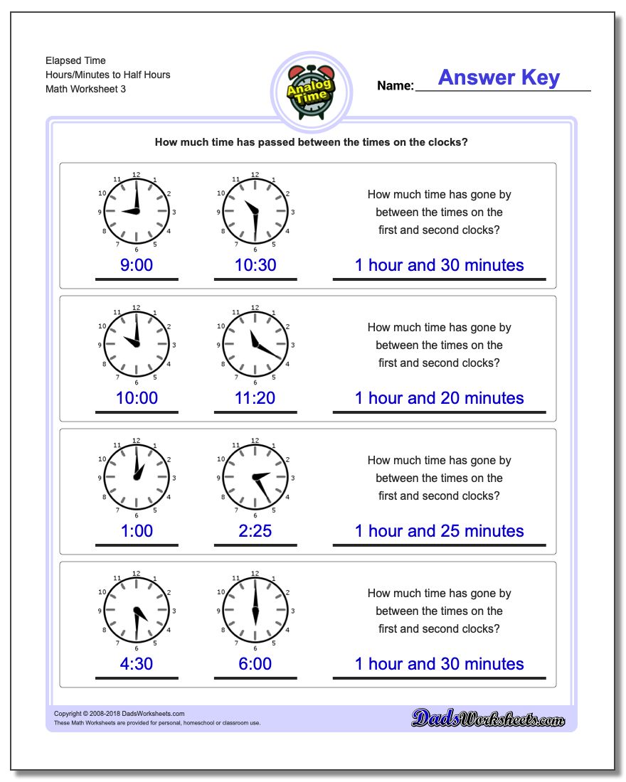 Elapsed Time Hours/Minutes to Half Hours Worksheet