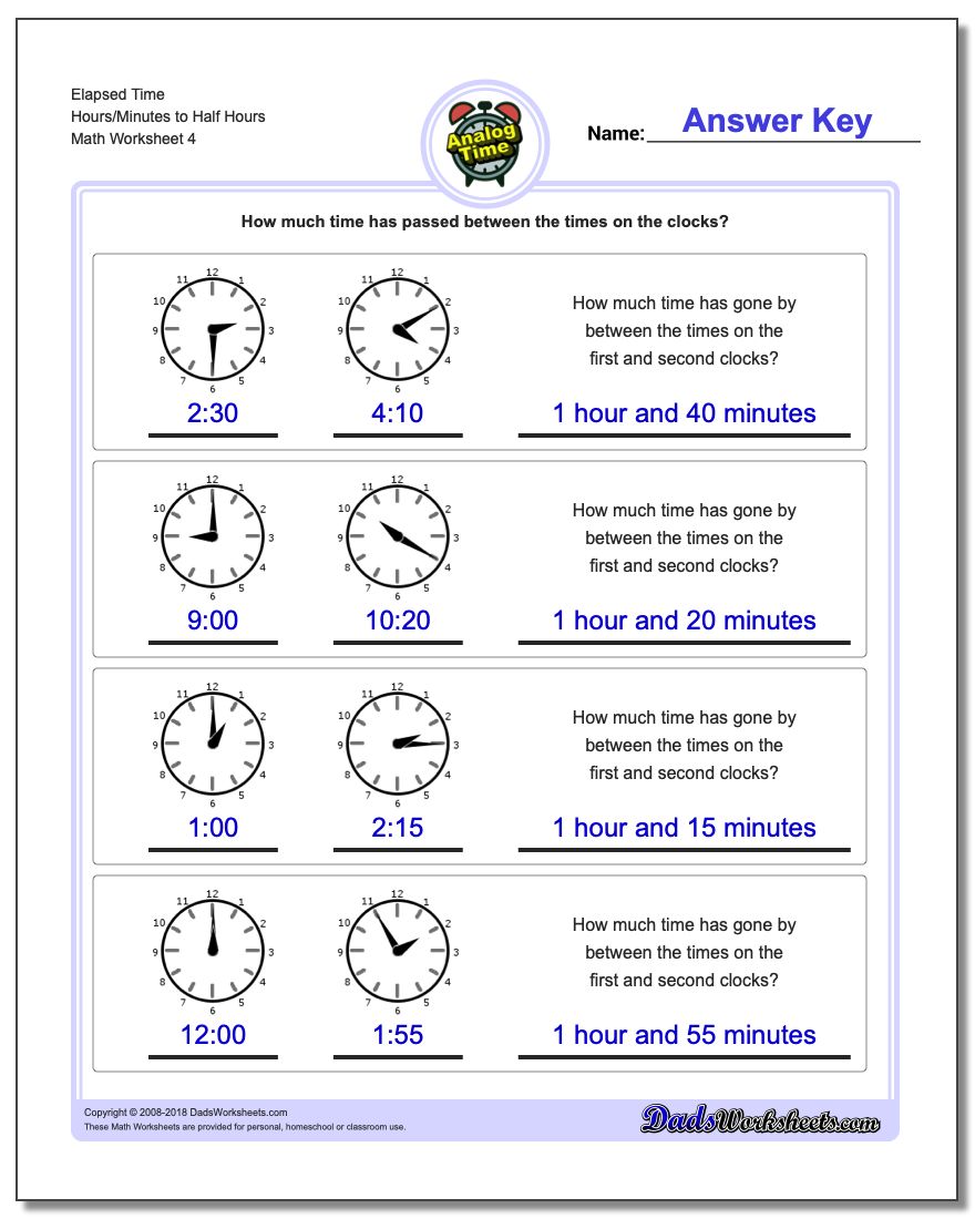 Elapsed Time Hours/Minutes to Half Hours Worksheet