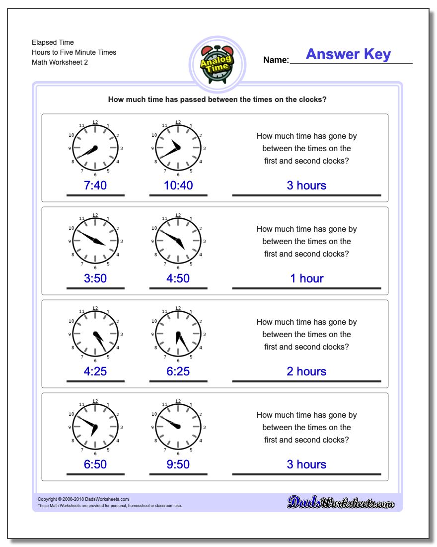 Elapsed Time Hours to Five Minute Times www.dadsworksheets.com/worksheets/analog-elapsed-time.html Worksheet