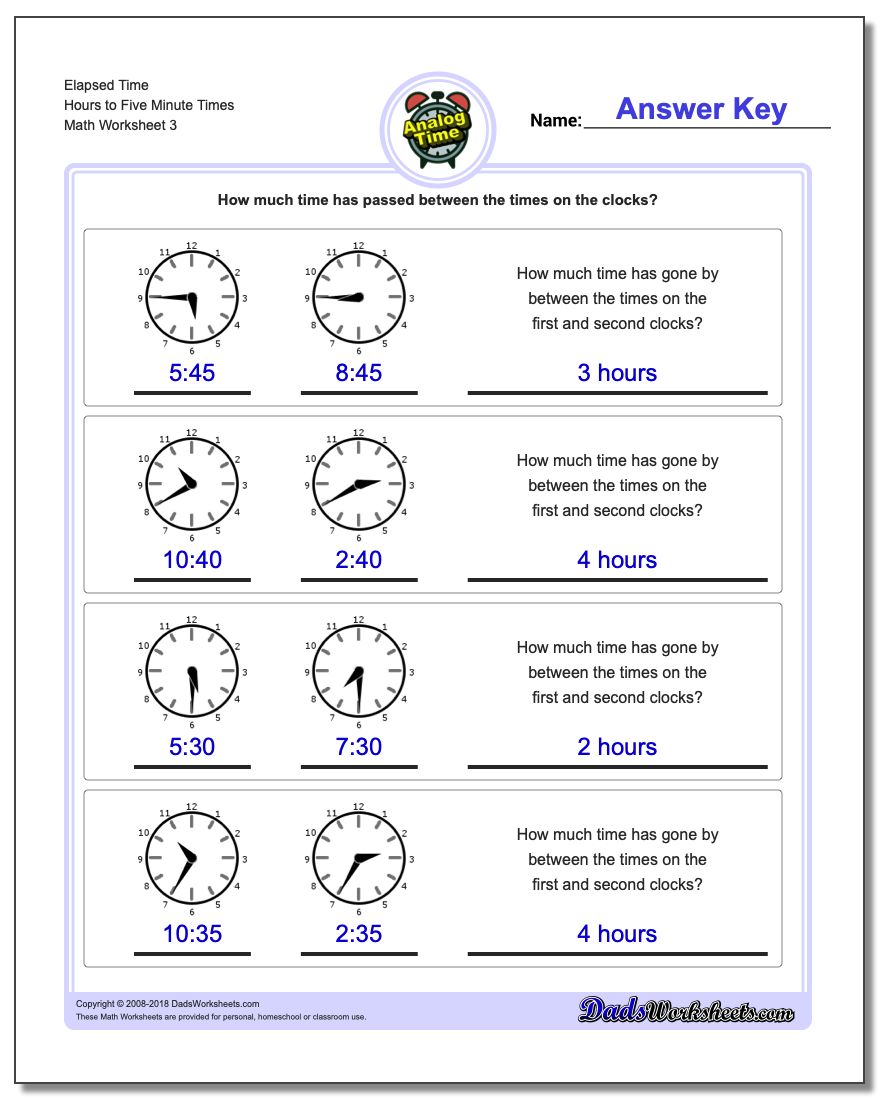 Elapsed Time Hours to Five Minute Times Worksheet