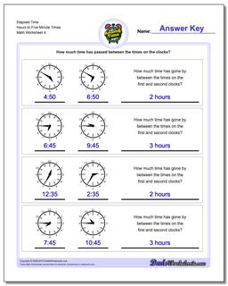 Elapsed Time Hours to Five Minute Times Worksheet