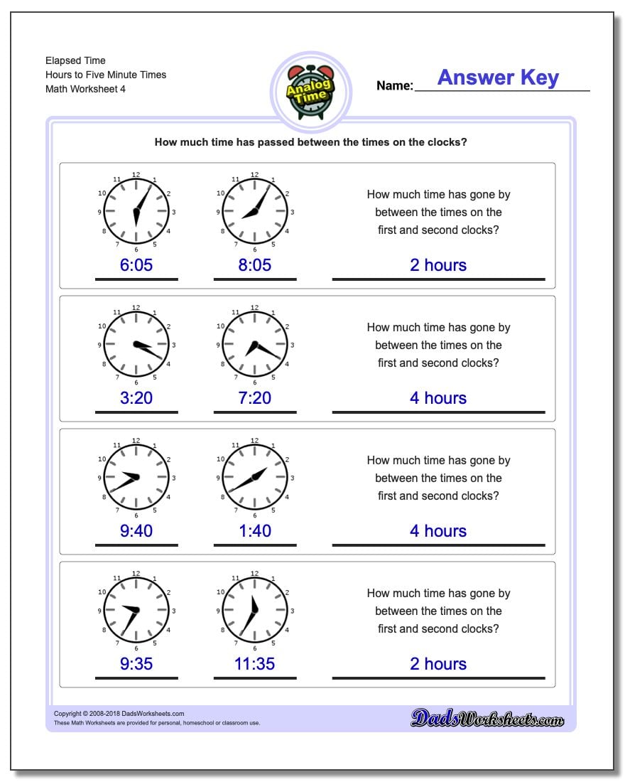 Elapsed Time Hours to Five Minute Times Worksheet