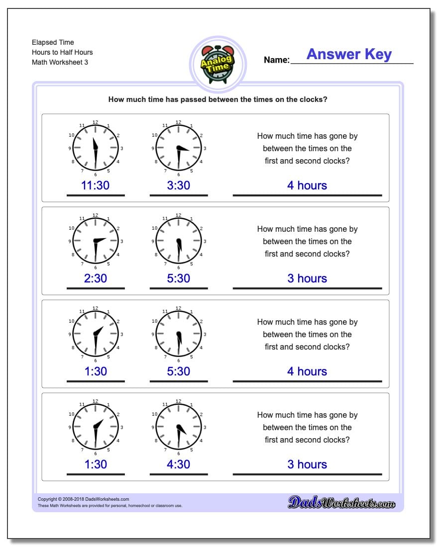 Elapsed Time Hours to Half Hours Worksheet