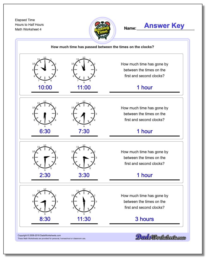 Elapsed Time Hours to Half Hours Worksheet