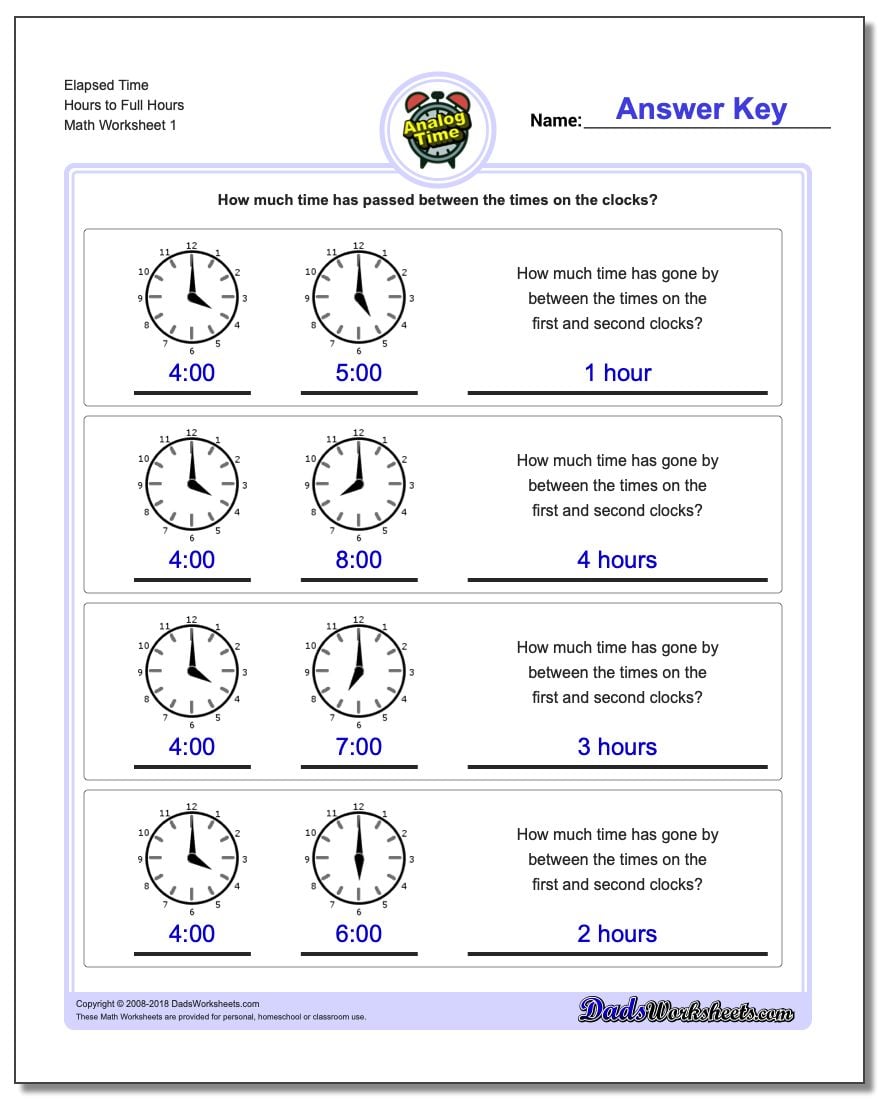 Analog Elapsed Time Hours to Full Hours Worksheet