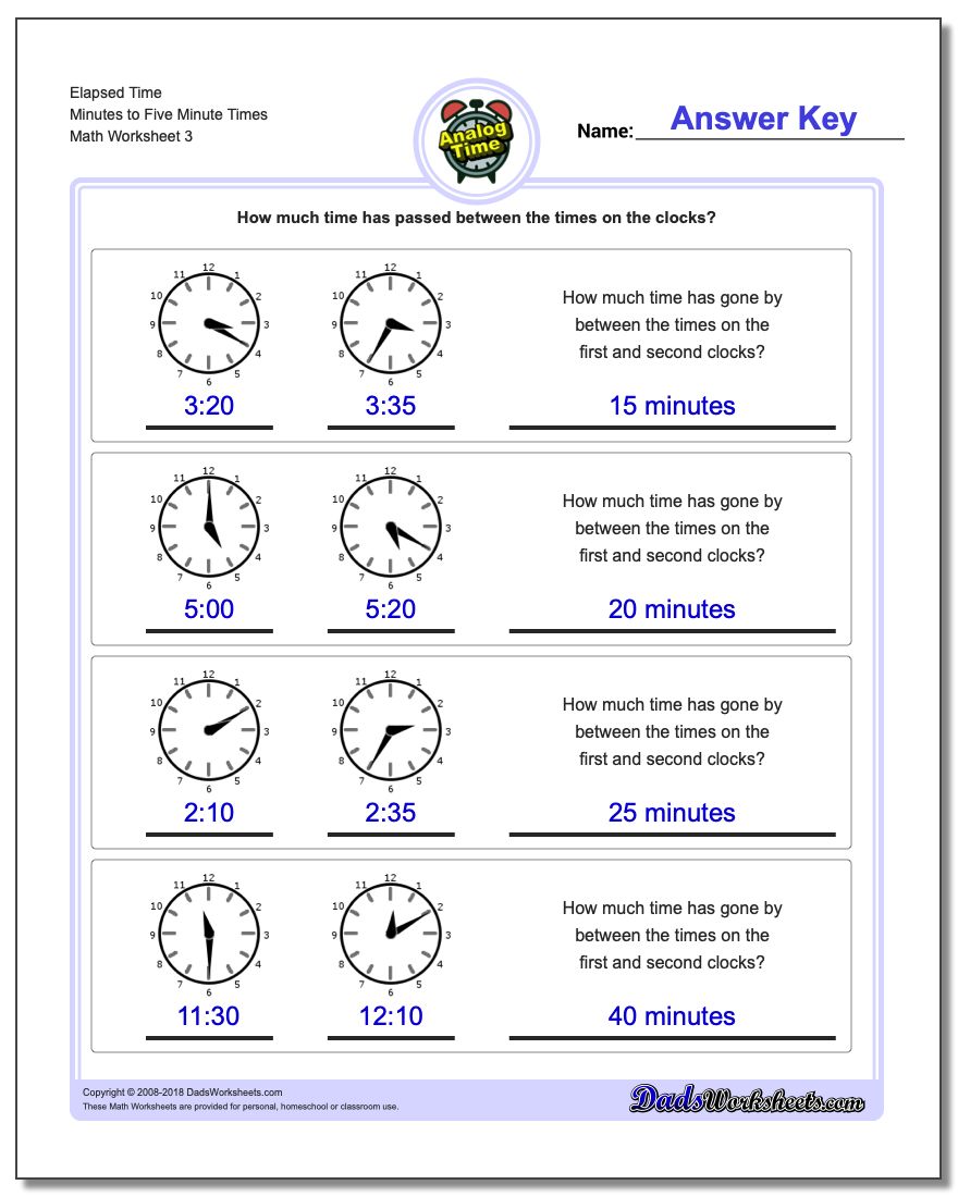 Elapsed Time Minutes to Five Minute Times Worksheet