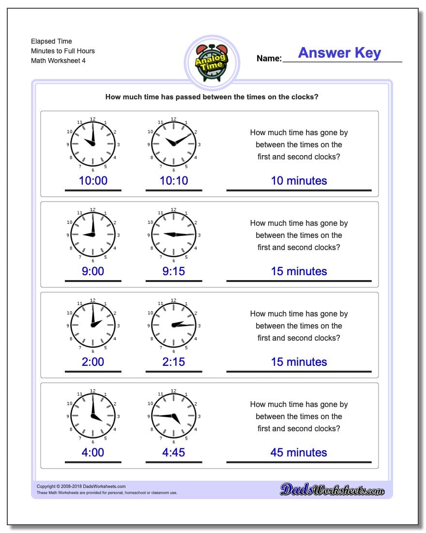 Elapsed Time Minutes to Full Hours Worksheet