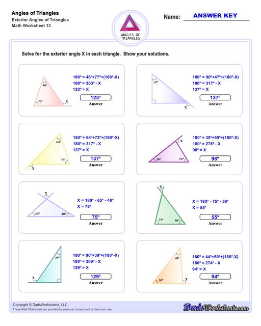 Angles in triangles worksheets, including finding missing angles by summing the interior angles, exterior angles of triangles and angle bisectors.  Angles Of Triangles Missing Exterior Angle V1