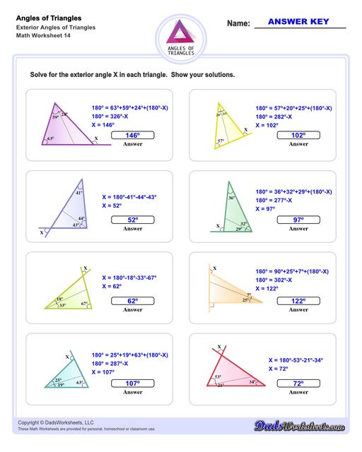 Angles in triangles worksheets, including finding missing angles by summing the interior angles, exterior angles of triangles and angle bisectors. Missing Exterior Angles V2