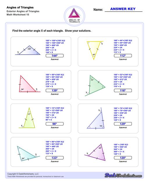 Angles in triangles worksheets, including finding missing angles by summing the interior angles, exterior angles of triangles and angle bisectors. Missing Exterior Angles V3