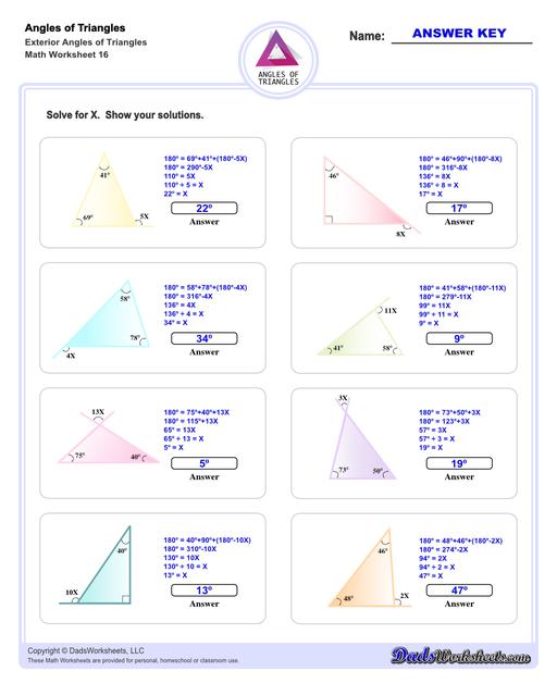 Angles in triangles worksheets, including finding missing angles by summing the interior angles, exterior angles of triangles and angle bisectors. Missing Exterior Angles V4