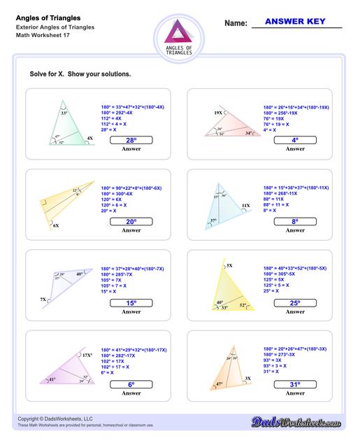 Angles in triangles worksheets, including finding missing angles by summing the interior angles, exterior angles of triangles and angle bisectors. Missing Exterior Angles V5