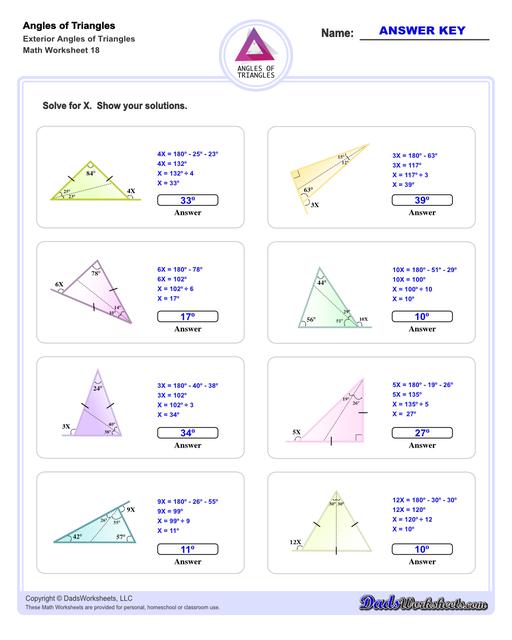 Angles in triangles worksheets, including finding missing angles by summing the interior angles, exterior angles of triangles and angle bisectors. Missing Exterior Angles V6