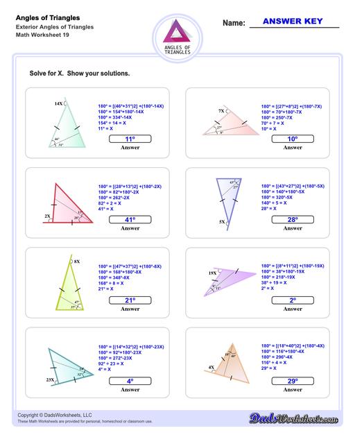 Angles in triangles worksheets, including finding missing angles by summing the interior angles, exterior angles of triangles and angle bisectors. Missing Exterior Angles V7