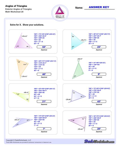 Angles in triangles worksheets, including finding missing angles by summing the interior angles, exterior angles of triangles and angle bisectors. Missing Exterior Angles V8