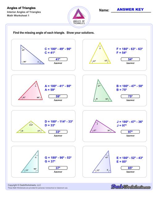 Angles in triangles worksheets, including finding missing angles by summing the interior angles, exterior angles of triangles and angle bisectors. Missing Interior Angles V1