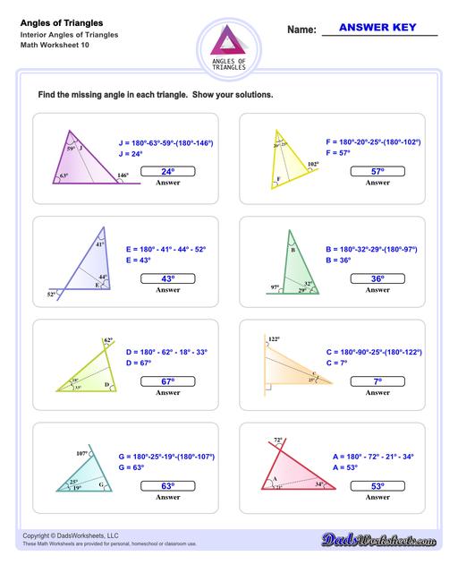 Angles in triangles worksheets, including finding missing angles by summing the interior angles, exterior angles of triangles and angle bisectors. Missing Interior Angles V10