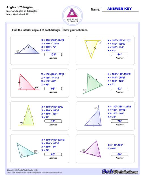 Angles in triangles worksheets, including finding missing angles by summing the interior angles, exterior angles of triangles and angle bisectors. Missing Interior Angles V11