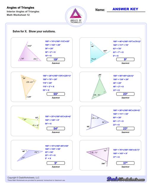 Angles in triangles worksheets, including finding missing angles by summing the interior angles, exterior angles of triangles and angle bisectors. Missing Interior Angles V12