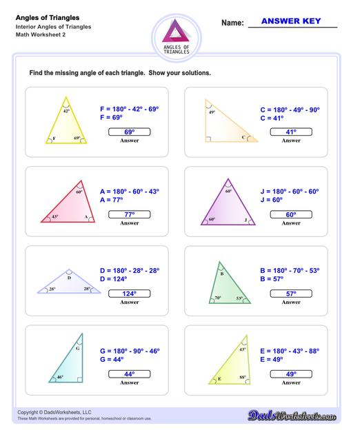 Angles in triangles worksheets, including finding missing angles by summing the interior angles, exterior angles of triangles and angle bisectors. Missing Interior Angles V2