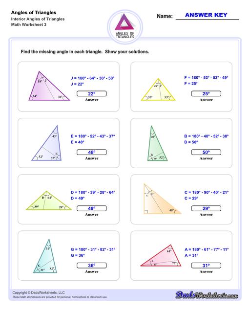 Angles in triangles worksheets, including finding missing angles by summing the interior angles, exterior angles of triangles and angle bisectors. Missing Interior Angles V3