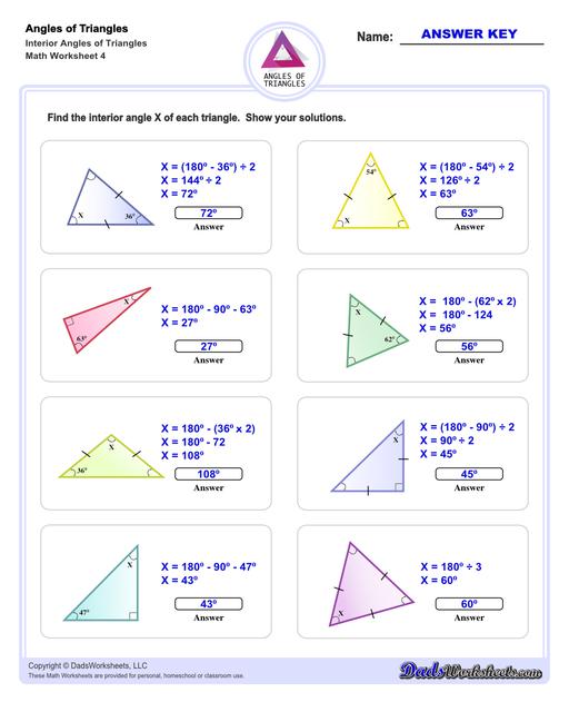 Angles in triangles worksheets, including finding missing angles by summing the interior angles, exterior angles of triangles and angle bisectors. Missing Interior Angles V4