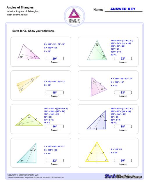 Angles in triangles worksheets, including finding missing angles by summing the interior angles, exterior angles of triangles and angle bisectors. Missing Interior Angles V5