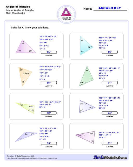Angles in triangles worksheets, including finding missing angles by summing the interior angles, exterior angles of triangles and angle bisectors. Missing Interior Angles V6