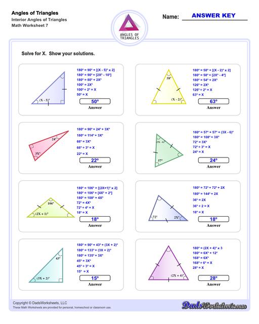 Angles in triangles worksheets, including finding missing angles by summing the interior angles, exterior angles of triangles and angle bisectors. Missing Interior Angles V7