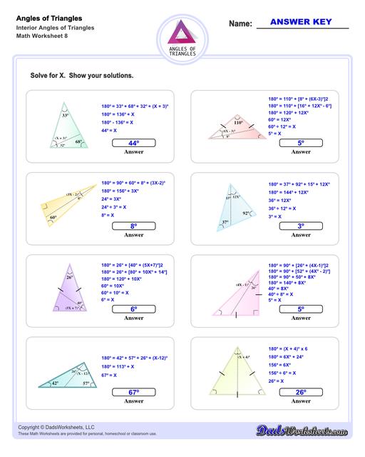 Angles in triangles worksheets, including finding missing angles by summing the interior angles, exterior angles of triangles and angle bisectors. Missing Interior Angles V8