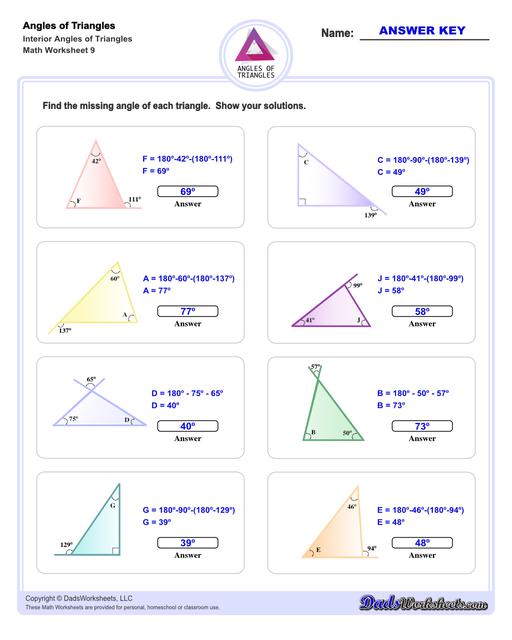 Angles in triangles worksheets, including finding missing angles by summing the interior angles, exterior angles of triangles and angle bisectors. Missing Interior Angles V9