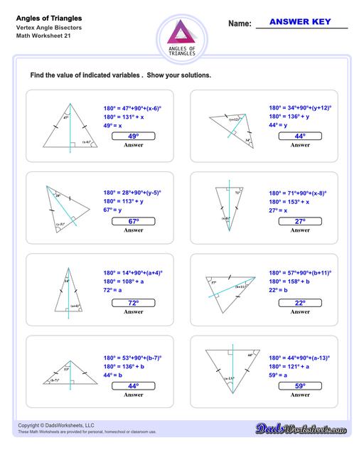 Angles in triangles worksheets, including finding missing angles by summing the interior angles, exterior angles of triangles and angle bisectors. Vertex Angle Bisectors V1