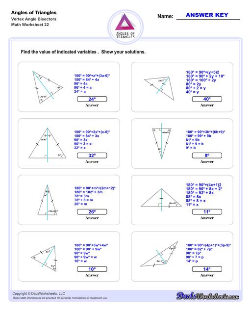 Angles in triangles worksheets, including finding missing angles by summing the interior angles, exterior angles of triangles and angle bisectors. Vertex Angle Bisectors V2