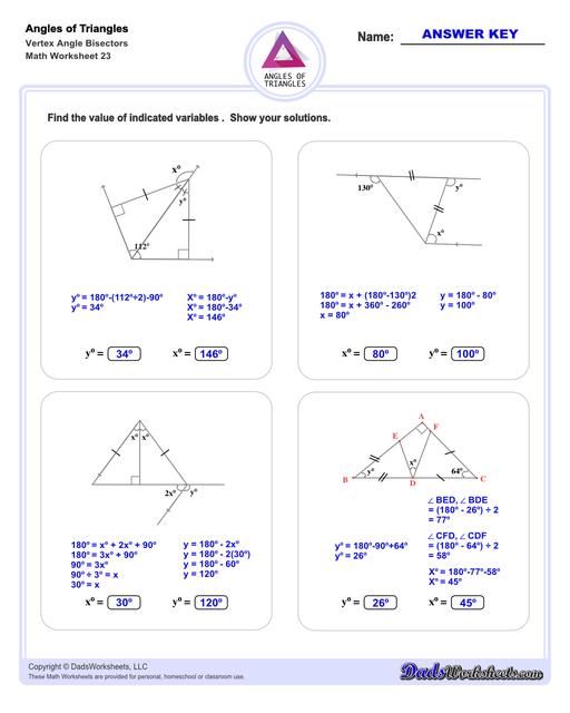Angles in triangles worksheets, including finding missing angles by summing the interior angles, exterior angles of triangles and angle bisectors. Vertex Angle Bisectors V3