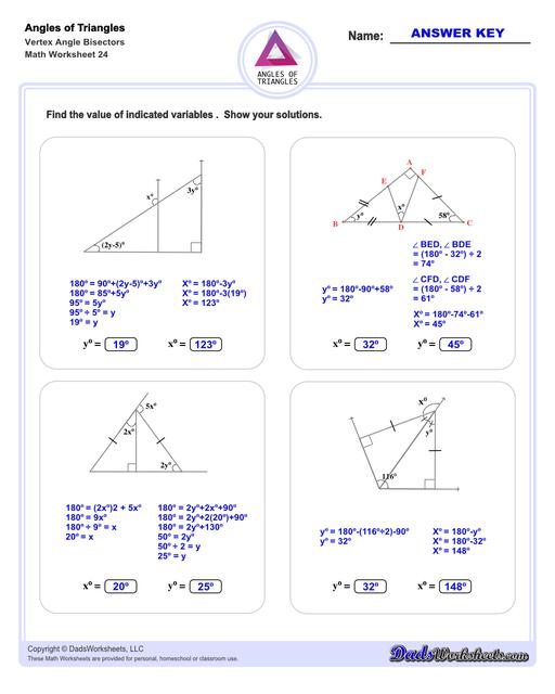 Angles in triangles worksheets, including finding missing angles by summing the interior angles, exterior angles of triangles and angle bisectors. Vertex Angle Bisectors V4