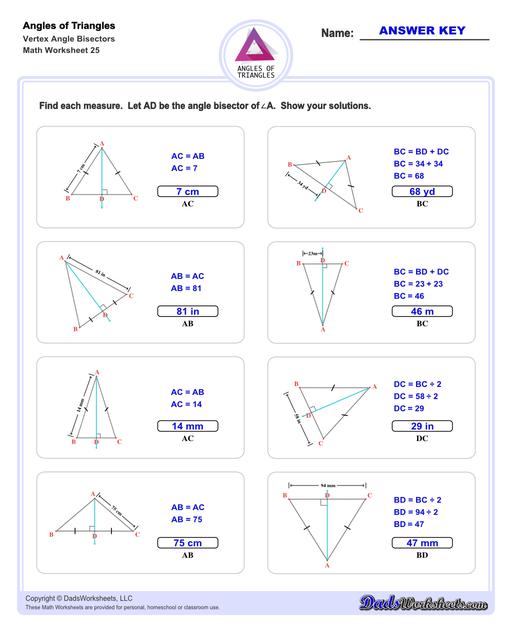 Angles in triangles worksheets, including finding missing angles by summing the interior angles, exterior angles of triangles and angle bisectors. Vertex Angle Bisectors V5