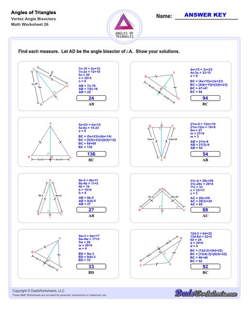 Angles in triangles worksheets, including finding missing angles by summing the interior angles, exterior angles of triangles and angle bisectors. Vertex Angle Bisectors V6