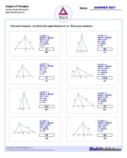 Angles in triangles worksheets, including finding missing angles by summing the interior angles, exterior angles of triangles and angle bisectors. Vertex Angle Bisectors V7