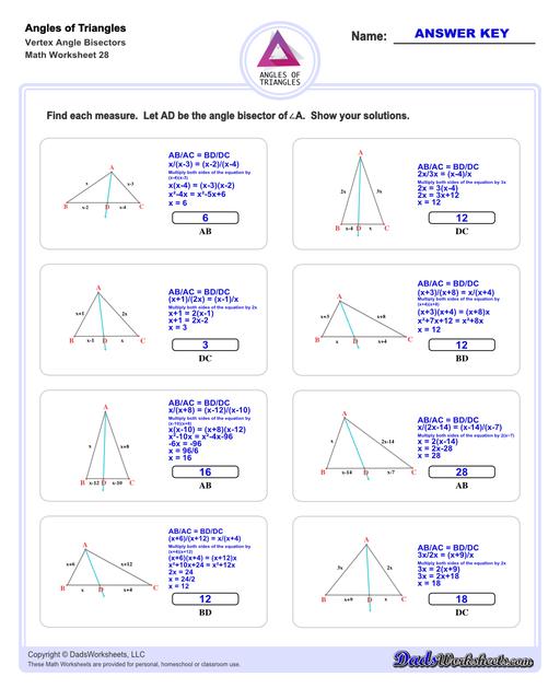 Angles in triangles worksheets, including finding missing angles by summing the interior angles, exterior angles of triangles and angle bisectors. Vertex Angle Bisectors V8