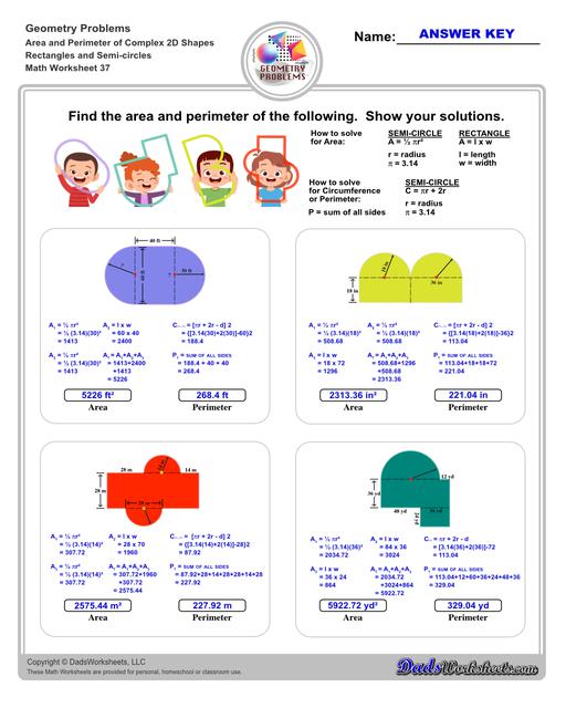 The area and perimeter worksheets on this page start with requiring students to calculate area and perimeter of basic shapes such as triangles, squares, circles and ellipses. Additional worksheets with compound shapes require students to calculate missing dimensions and use problem solving skills and strategies to calculate area and perimeter.