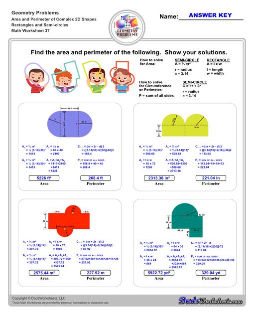 The area and perimeter worksheets on this page start with requiring students to calculate area and perimeter of basic shapes such as triangles, squares, circles and ellipses. Additional worksheets with compound shapes require students to calculate missing dimensions and use problem solving skills and strategies to calculate area and perimeter. Compound Rectangles And Semi Circles V1