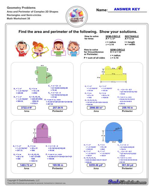 The area and perimeter worksheets on this page start with requiring students to calculate area and perimeter of basic shapes such as triangles, squares, circles and ellipses. Additional worksheets with compound shapes require students to calculate missing dimensions and use problem solving skills and strategies to calculate area and perimeter. Compound Rectangles And Semi Circles V2